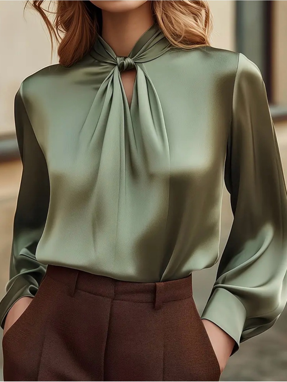 Satin Tie-Neck Blouse in Olive Green